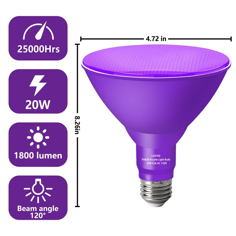LOXYEE PAR38 Flood Purple Light Bulbs,2 Pack Dimmable,E26 Base Purple