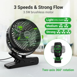 ZipVorb Clip-on Desk Fan, 3-Speed USB-Powered, Ultra Quiet Small Fan with Clamp for Grow Tent Bed Office Dorm Bedroom Stroller
