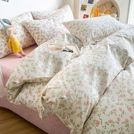 LifeTB 3 Pieces Girls Comforter Set Twin XL Pink Flower Bedding Comforter Boho Floral Farmhouse Comforter with 2 Pillowcases All Seasons Floral Comforter Fluffy Cozy Vintage Botanical Comforter Set