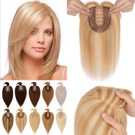 SEGO Hair Toppers for Women With Bangs Real Human Hair, 130% Density 10 * 12CM Silk Base Clip in Top Wiglet Hairpieces for Thinning Hair-6 Inch Golden Brown&Bleach Blonde