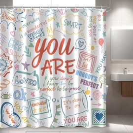 iTapnoom Funny Kids Inspirational Quotes Shower Curtain, Colorful Positive Words Graffiti Artwork Unisex Bathroom Decor Set, Waterproof Polyester Fabric Bath Curtain with Hooks 72x72 Inch