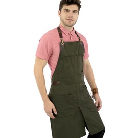 Under NY Sky No-Tie Moss Green Apron with Full Grain Leather Straps – Durable Twill, Split-Leg, Adjustable for Men, Women – Pro Chef, Pastry, Tattoo Artist, Barista, Bartender, Stylist, Server Apr