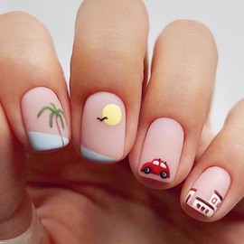 24 Pcs Square Press on Nail Short Fake Nail Summer Beach Stick on Nails Acrylic Nails Lovely Automobile Design False Nails with Sea View Villa Glue on Nails for Women Or Girl Manicure Decoration