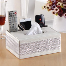 Multifunction PU Leather Tissue Box Holder with Stationery Remote Control Box, Decorative Tissue Pen Pencil Remote Organizer for Home and Office Use(White)