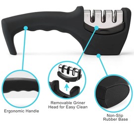 XYJNYO Elite Kitchen Knife Sharpener with 3 Stages, Professional Manual Blade Sharpening System, Ceramic Stone, Tungsten Carbide Plates, Diamond rods, Ergonomic Handle, Non-Slip Base,Stylish Black