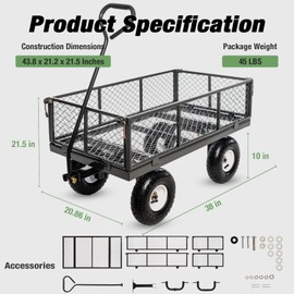 Heavy Duty Steel 900Lbs Wagon Garden Carts, Utility Pullable with Removable Folding Sides, All Terrain Wagons for Outdoor, Garden, Farm, Yard, 43" x 21"x 21" inch, Black