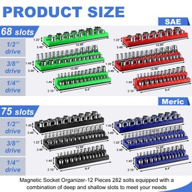 Datanly 12 Pcs Magnetic Socket Organizers Sets Compatible with SAE and Metric Magnetic Socket Holders 1/4'', 3/8'', 1/2'' Drive Socket Trays Kits Holds 282 Standard and Deep Size Sockets (No Socket)