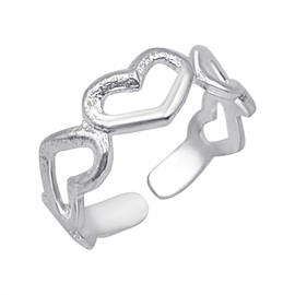 Silverly Sterling Silver Open Heart Toe Ring - Row of Hearts Pinky Midi Finger Rings for Women - 925 Silver Foot Jewellery - Valentine's Day Accessory - Open Adjustable Band - Gift for Daughter