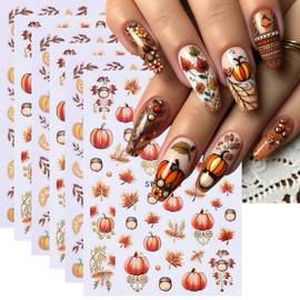 6 Sheets Fall Pumpkin Nail Stickers Autumn Maple Leaf Nail Art Stickers Decals 3D Self Adhesive Nail Decals Cute Pumpkin Maple Leaves Designs Nail Decor for Thanksgiving Day DIY Manicure Supplies