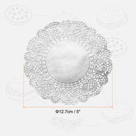 HARFINGTON 100pcs Lace Paper Doilies 5 Inch Silver Round Disposable Decorative Paper Placemats Hollow Flower Absorbing Papers for Cakes Desserts Food Decoration Wedding Birthday
