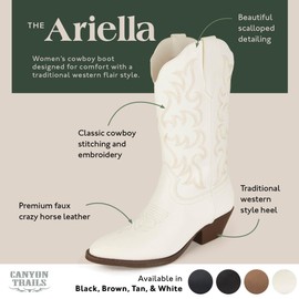 Cowboy Boots for Women - Classic Embroidery Traditional Style Cowgirl Boots, Comfortable Western Boots for Women & Teen Girls - Mid Calf Cowgirl White Cowgirl Boots (Ariela - White- 6)