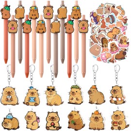 LUUFILx Capybara Stationery Party Gift Set for Boys Girls 74pcs Ballpoint Pens Stickers and Cartoon Keychains for Kids Rewards Cute Capybara Theme Cartoon Keychain Classroom School Supplies