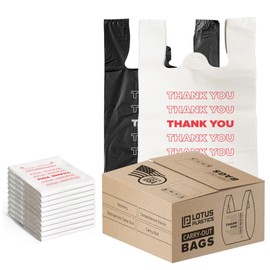 Lotus 1/6 1000 Count 13 Micron "Thank You" Bags - 11.5" x 6.5" x 22" - High-Density Plastic Shopping Bags for Retail, Grocery, and Restaurant Service (Black)