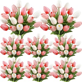Janinka 100pcs Artificial Tulip Flowers Fake PU Tulips Faux Latex Bouquet Flower Centerpieces Arrangement Floral for Mother Day Wedding Spring Decorations (Dark Pink,Light Pink,White)