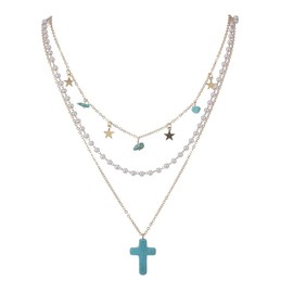 Layered Cross Necklace Multilayer Turquoise Cross Pearl Beaded Beads Necklace Choker Y2k Star Tassel Necklace for Women Jewelry