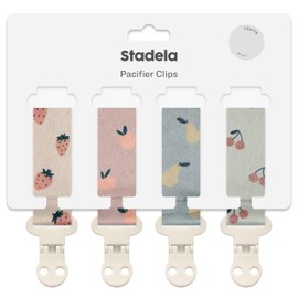 Stadela Baby Pacifier Clip Holder - Girl or Boy Unisex 4 Pack Gift Set – Summer Peaches Strawberies Cherries Pears (Fruits)