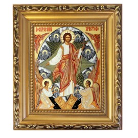 Resurrection Icon Jesus Christ With Six Wing Seraphim Angels Gold Wooden Framed, Wall Hanging and Comes With Stand, Easter Religious Decoration Gift 9 1/2 Inch