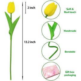 28pcs Yellow Flowers Artificial Tulip Stems Real Feel PU Tulips for Easter Spring Wreath Wedding Bouquet Centerpiece Floral Arrangement Cemetery Table Décor 13" Tall