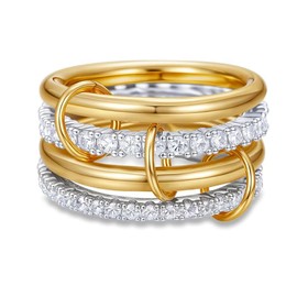Jemant Gold Stackable Rings for Women, Non Tarnish Dainty Stackable 18k Gold Plated Stainless Steel CZ Cubic Zirconia Rings, Multi-Link Connected Knuckle Women Rings Set (Gold Silver B, 9)