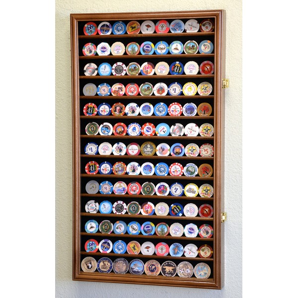 117 L Casino Chip Coin Display Case Cabinet Chips Holder Wall Rack 98% UV Lockable, Walnut