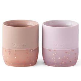 Moonkie Silicone Baby Cups 4 Months+ | Open Training Drinkware for Infants with Confetti Sprinkles | Baby-Led Weaning Essential | 2 oz (Leather Pink/Pink Purple, 2 Pack)