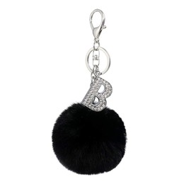 Czsycdsf Crystal Initial Letter A-Z Puff Fur Ball Keychain, Black Pom Pom Keyrings Soft Faux Rabbit Fur Balls Key Chain Fluffy Keyrings Car Keyring Pendant Artificial Fur Ball Key Ring Accessory, B