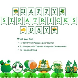 St. Patrick's Day Decorations Set - "Happy St. Patrick's Day" Banner & 6Pcs Shamrock Honeycomb Centerpieces, Double-Sided Irish Lucky Table Decor for Home School Office Party Supplies