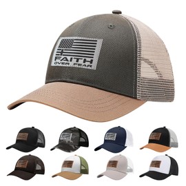 Faith Over Fear Hat with Leather Baseball Cap for Men Boy Gifts for Dad Cross Hats Christian Trucker Caps (US, Alpha, One Size, Gray Green)