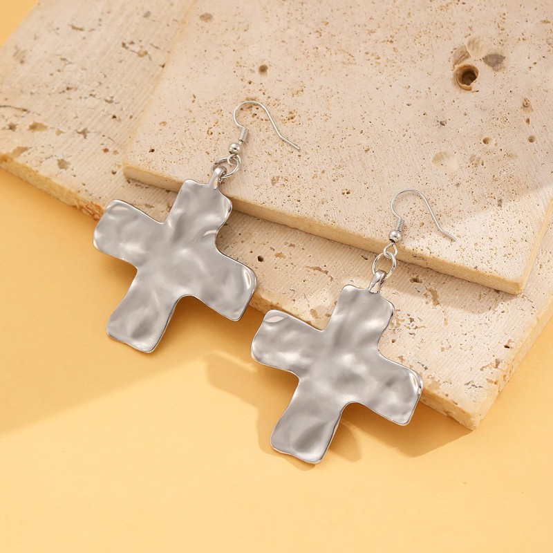 Chunky Gold Big Hammered Cross Drop Dangle Earrings for Women