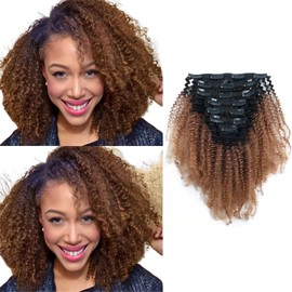 ABH AMAZINGBEAUTY HAIR Afro Curly Clip in Hair Extensions Real Human Hair 4A 4B Curly Clip ins for Black Women 120g 7 Pieces 17 Clips, Ombre 1B to Auburn 18 Inch