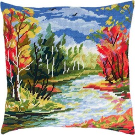 Brvsk Rubies of Autumn. Stamped Cross-Stitch Kit w/Printed Tapestry Canvas (40 × 40 cm) — Stamped Cross-Stitch Cushion Kit for Creative Home Décor — Needlework Kit for Adult Beginners