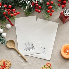 Horaldaily 100 Christmas Disposable Paper Decorative Guest Napkins, Silver Foil Christmas Trees Hand Towel for Party Lunch Dinner Kitchen Bathroom