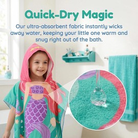 NIFTYY Kids Beach Towel with Hood, Ultra Soft Microfibre Quick Dry Swimming Bathrobe for Children, Warm Changing Robe Wrap for Boys & Girls (Fits Height: 85-120 cm) (mermaids)