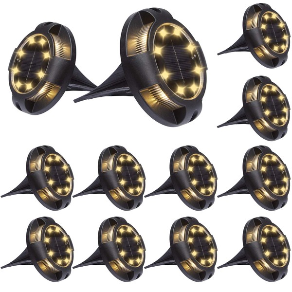 Solar Ground Lights Outdoor 12 Packs 12 LED Disk Lights Solar Powered Waterproof New In-ground Lights For Garden Deck Stair Step Lawn Patio Driveway Walkway Pathway Yard decoration(Warm Light,12Pack)