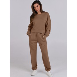 ANRABESS Womens 2 Piece Outfits Lounge Sets Cropped Sweatshirt & Joggers Fashion Sweatsuit Sweat Set 2024 Fall Travel Brown Medium
