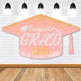 HOMDAILY Graduation Decorations 2025 - Pink and Silver Large Graduation Cap Backdrop and Congrats Grad Banner Class of 2025 Party Decorations