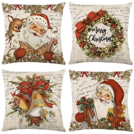 MAZSHTTD Christmas Vintage Santa Claus Pillow Covers 18 X 18 Inch Set of 4 Reindeer Bell Decorative Christmas Throw Pillow Covers Xmas Winter Retro Holiday Pillow Covers for Sofa Couch