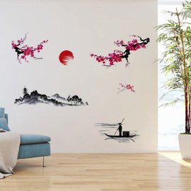 milaosk 2Pcs Chinese Ink Style Flower Painting Wall Stickers 25 * 70cm Japanese Cherry Blossom Plum Blossom Wall Decor Classical Chinese Art Wallpaper Exotic Decoration for Bedroom Livingroom Office
