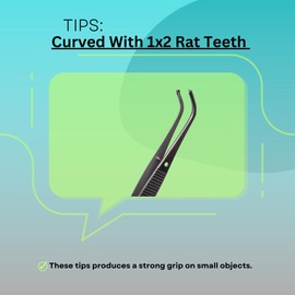 Micro Lab Forceps IRIS Eye Tweezers 1x2 Rat Teeth Tips 4" Tongs For High Precision Handling Made of Stainless Steel (Full Curved Tips)