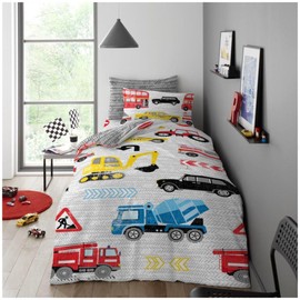 VELVETIO Luxury Kids Duvet Cover Set & Pillowcase, Boys & Girls Printed Transport Bedding Quilt Single, Soft Reversible Vehicle Comforter Bedset, Multi