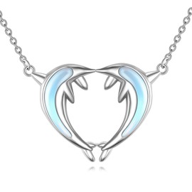 VONALA Dolphin Moonstone Necklace 925 Sterling Silver Ocean Animal Pendant Beach Jewelry Gift for Women Birthday Christmas