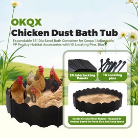 OKQX Chicken Dust Bath Tub – Expandable 38” Dia Sand Bath Container for Coops | Adjustable PP Poultry Habitat Accessories with 10 Locating Pins, Black