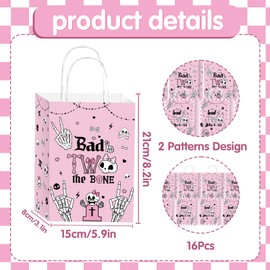 Wxiben Bad Two the Bone Party Favors - 16 Pcs 2nd Birthday Gift Bags, Pink Rock and Roll Skull Goodie Candy Wrapping Paper Bag with Handles, 2 Year Old Birthday Decorations Supplies for Girls
