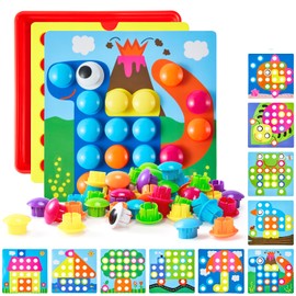 Geekper 68PCS Button Art Toys for Toddlers Color Matching Mosaic Pegboard, Early Learning Educational Toys for 3, 4, 5, 6 Year Old Kids Boys and Girls, 10 Pictures and 58 Buttons