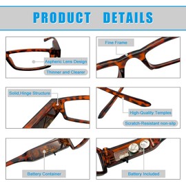 vs eyewear 12 Pcs Reading Glasses Led Lighted Readers in Sturdy Rectangular Plastic Frame (Tortoise, 1.5, multiplier_x)