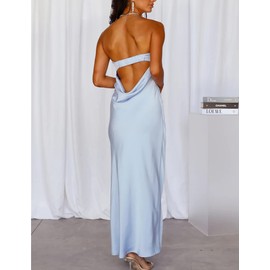 Realtix Satin Silk Backless Tube Tops Maxi Dress for Women Low Back Hollow Out Elegant Strapless Long Dresses Wedding Guest Blue