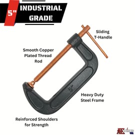ATE Pro. USA - 5" Heavy Duty Steel C-Clamp | Set of 2 - Clamps for Brake, parts assembly, fastening, welding, woodwork, metal work, auto - T rotary handle - DIY Projects