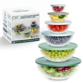 COOK WITH COLOR 12 Pc Glass Mixing Bowl Set with Lids – Borosilicate Glass Nesting Bowls for Cooking, Baking and Meal Prep, Fluted Sage