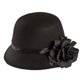 Ladies Black Cloche Hat - Black Cloche Hat With Ribbon and Rose - Perfect for 1920s Fancy Dress Events or Any Other Fancy Dress Events