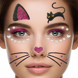 Face Tattoo Carnival Cat, Glitter Face Tattoo Carnival Face Tattoo, Glitter Cats Face Sticker for Carnival, Fancy Dress, Children and Adults, Party